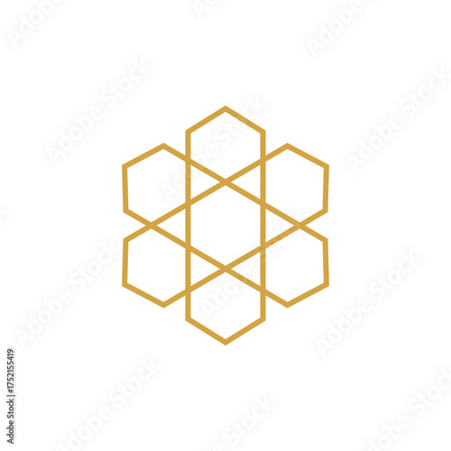 Minimalist geometric pattern design with interlocking hexagons in gold outline. Abstract modern shape inspired by Islamic art, symmetry, and honeycomb structure for elegant decorative use.