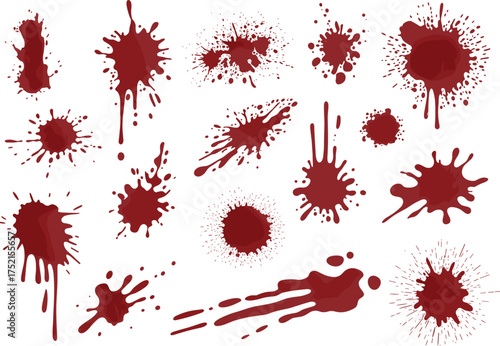 Red liquid drops and splashes isolated on white background, realistic or paint stains texture for horror and artistic design