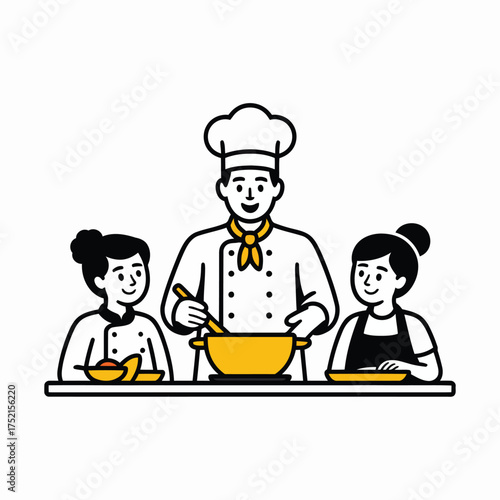 Chef teaching two students cooking in a kitchen with yellow pot and bowls vector
