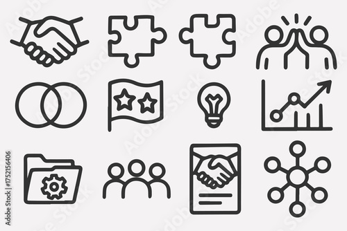 Diverse teamwork and collaboration icons representing various activities and interactions in a business or community setting