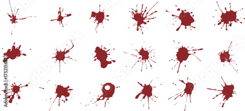Realistic red splatter collection isolated on white background, dripping paint stains and horror texture design for Halloween art