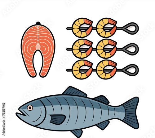 Salmon steak and shrimp skewers with whole fish illustration seafood