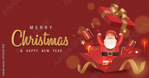 3D Character Santa Claus in Big Red Opened Gift Box with Confetti in Red Background. Merry Christmas Poster Design with Festive Ornament of Christmas. Vector Illustration