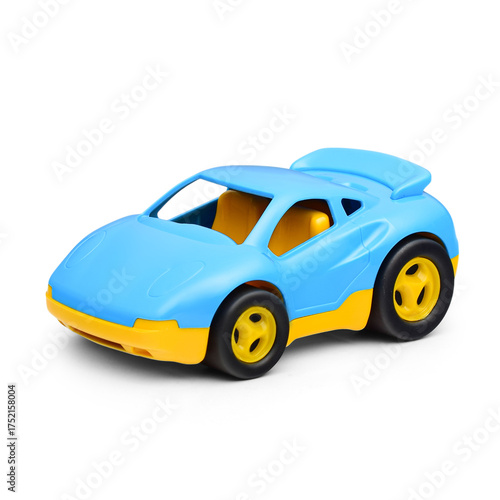 A blue plastic toy car isolated on a white background.