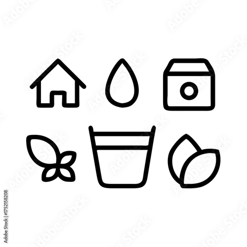 Minimalist icon set featuring home, water drop, laundry, and plant elements