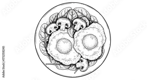 Fried eggs with mushrooms and spinach on plate top view engraving sketch hand drawn style black and white vintage illustration vector