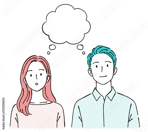 吹き出し付きで何かを考える男女の線画イラスト,アイデア,疑問,検討,夫婦,カップル