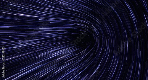 Abstract futuristic background of a swirling blue light vortex, representing high-speed data transfer through a digital tunnel or a warp drive in space