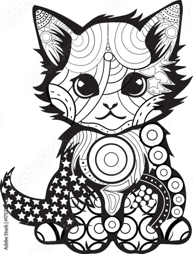 Kids Cat Coloring Pages, Cute Cat pattern Coloring Page, Cat Sketch Vector Illustration 