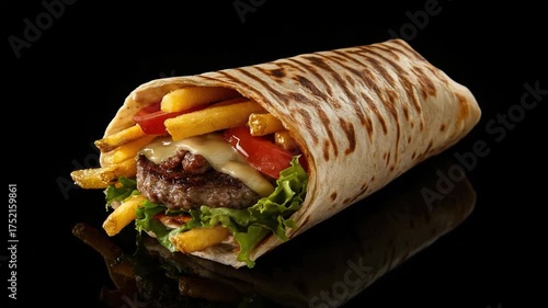 A wrapped burrito filled with French fries and melted cheese, perfect for a snack or meal