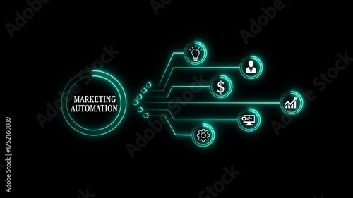 Marketing automation concept with glowing neon icons representing different aspects of the process, including idea generation, customer engagement, sales, and data analysis on black background