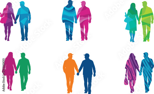 Colorful silhouettes of couples walking hand-in-hand, diverse relationship styles, vibrant unity illustration, expressive companionship concept, modern symbolic design