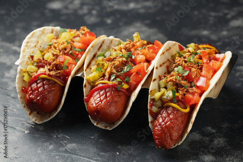 Cuadro en lienzo Taco Hot Dog with sausage, pickles, tomatoes and crispy fried onions