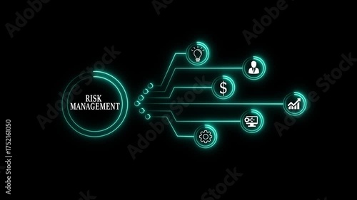 Risk management concept with glowing neon icons on a dark background, illustrating business strategy, financial planning, and investment analysis for sustainable growth and success in a digital age