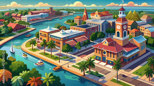 Very beautiful aerial drone view of historic downtown Sanford, Florida, showing colorful streets, charming architecture, and the tranquil lakefront surrounded by lush greenery.
