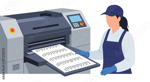 Professional printing service operator managing output from advanced printing machine