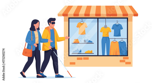 Blind person assisted by companion while shopping for clothes in a store