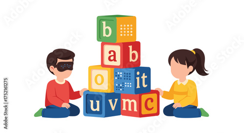 Children learning braille and letters with educational blocks