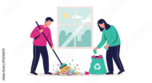 People cleaning up trash and debris indoors and outdoors together on a sunny day