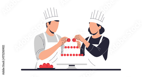 Two Chefs Decorating a Delicious Two Tiered Cake with Cherries
