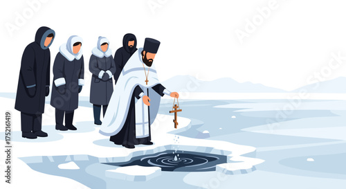Orthodox Priest Blesses Icy Water During Winter Baptism Ceremony