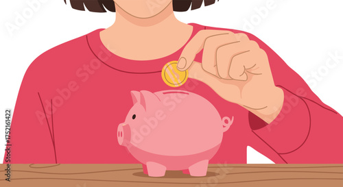 A person is putting a coin into a pink piggy bank for saving money