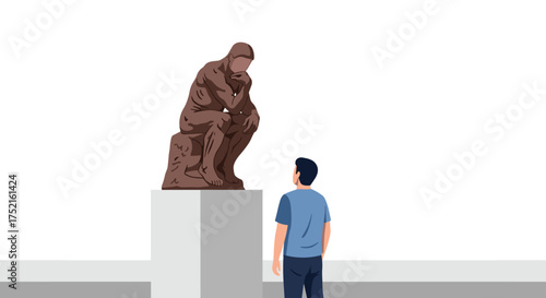 Man Contemplating Famous Sculpture in Art Gallery Exhibition