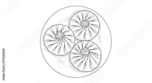 Three khinkali on plate top view engraving sketch hand drawn style black and white vintage illustration vector