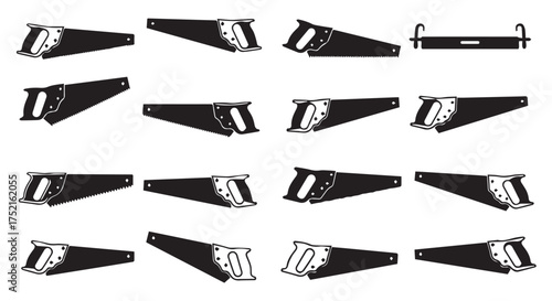 Assortment of black and white hand saws in various orientations isolated on transparent background