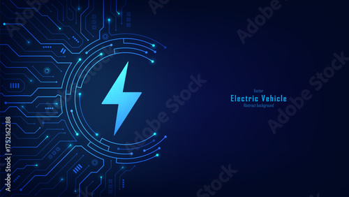 Electric vehicle charging on circuit board. EV charging and charging point design concept. Electric supply station. Electrical discharge effects. Vector illustration.