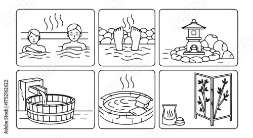Illustrations of japanese onsen and hot spring bathing culture, isolated on transparent background