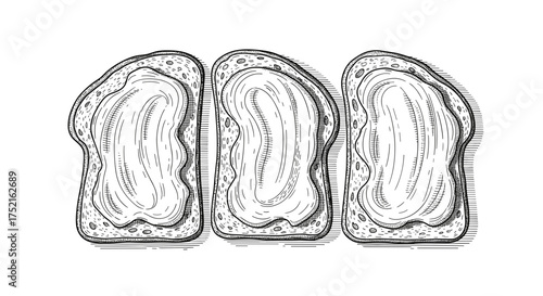 Bread and lard slices top view collection engraving sketch hand drawn style black and white vintage illustration vector