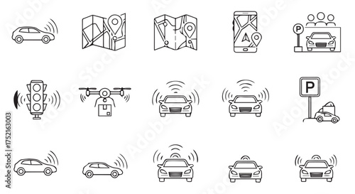 Icons representing autonomous driving and smart city technology, isolated on transparent background