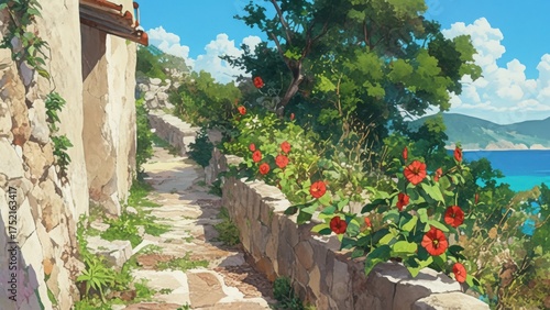 海と赤い花の小道 夏の風景イラスト 背景素材