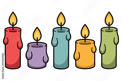 Colorful burning candle set illustration with melting wax and flame on white background
