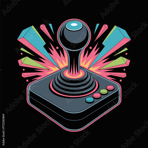 neon joystick emblem, glowing highlights, dynamic burst rays, synthwave palette, arcade champion spirit, competitive gamer badge, vector