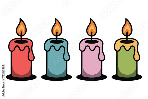 Colorful burning candle set illustration with melting wax and flame on white background
