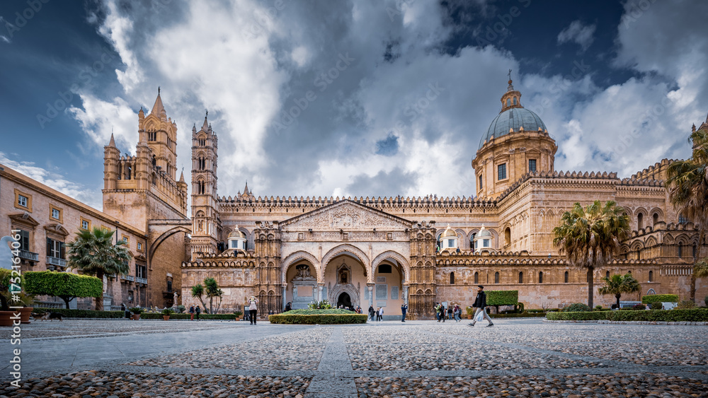 Obraz premium Panorama of Cattedrale di Palermo ancient catholic cathedral with tourists on sunny day, Sicily, Italy