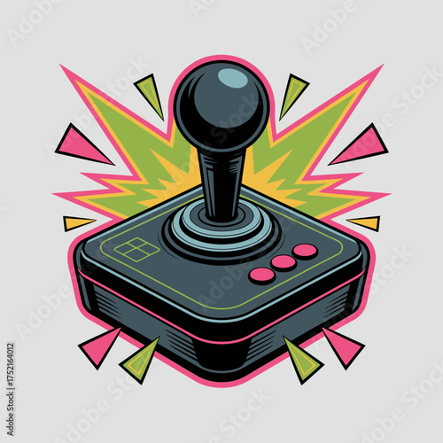 retro joystick illustration, lightning star accents, bold perspective, classic control stick, energetic arcade vibe, collectible vector graphic