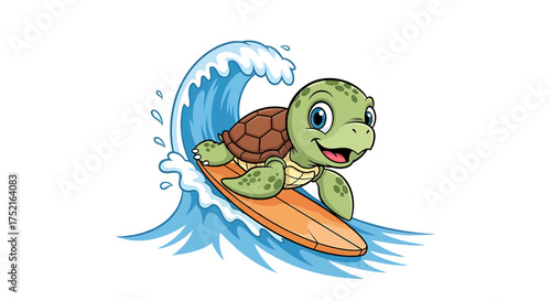 A cheerful cartoon turtle surfing a wave on a surfboard, enjoying the ocean.