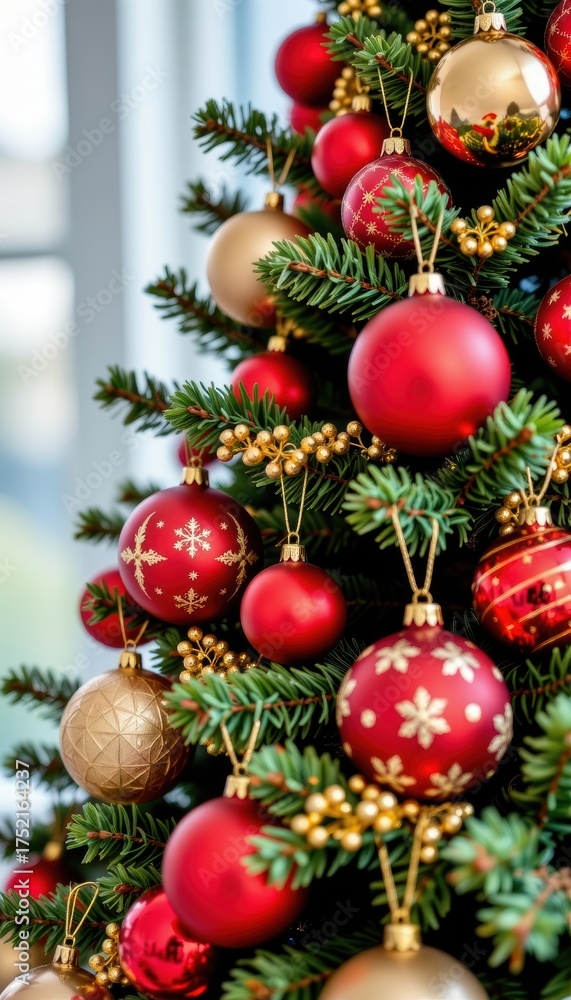 Fototapeta premium Vertical festival of christmas decorations indoor space photo gallery bright environment close-up viewpoint