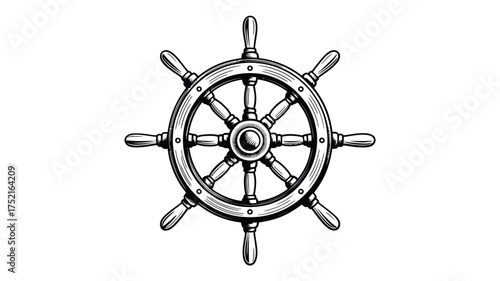 Vintage wooden ship s wheel illustration with detailed spokes and handles on a white background