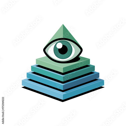 minimal pyramid steps, central eye emblem, vaporwave tones, mysterious arcade energy, gamer culture symbolism, modern vector design