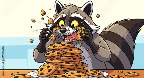A cartoon raccoon devours a large pile of chocolate chip cookies with glee.