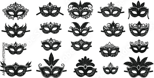 Black masquerade masks collection, ornate carnival mask silhouettes, elegant Venetian disguise set, decorative costume accessories, mysterious festival celebration, party design inspiration
