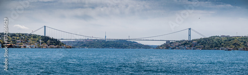 Bosphorus panorama with big suspension bridge connecting banks and big city, Istanbul, Türkiye