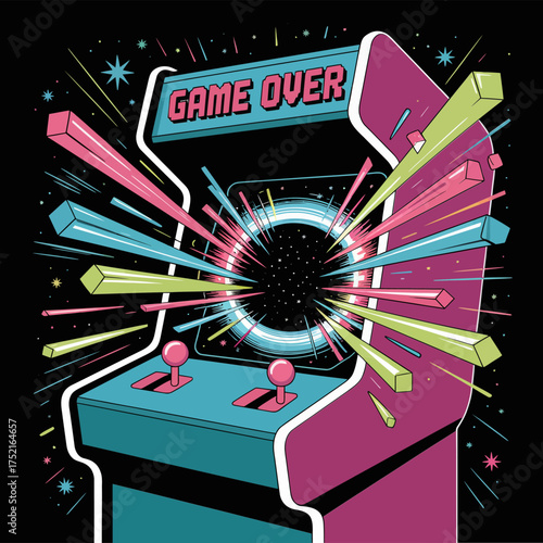 game over arcade cabinet, dramatic spark blast, retro machine perspective, glowing controls, classic coin op vibe, vector