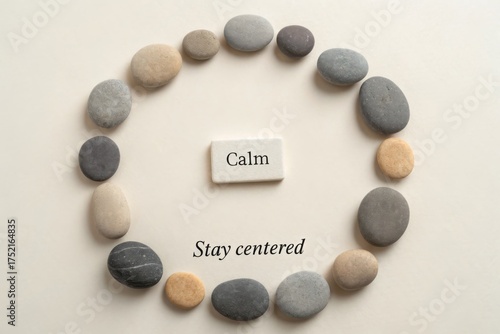 Stones arranged in circle with Calm inscription in center