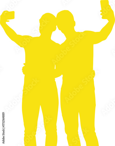 Yellow silhouette of two people taking selfies, friendly pose, vibrant social interaction, stylized digital moment, expressive modern lifestyle illustration