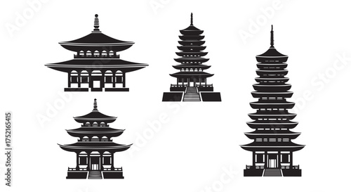 Collection of traditional japanese pagodas isolated on transparent background